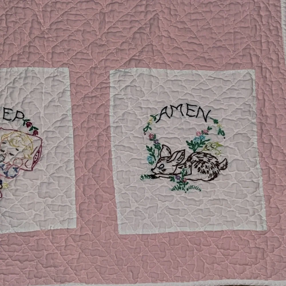 Pink Embroidered Baby Quilt handmade 50” x 32”